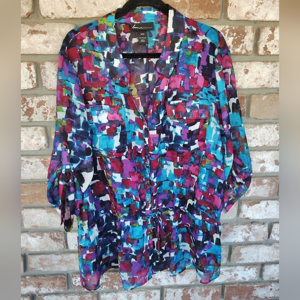 Lane Bryant Colorful Sheer Tie Waist Button Down Tunic Top 26/28 Casual Artsy